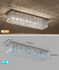 Rectangular Chandelier For Modern Dining Room And Kitchen Island, 6 Light Flush Mount With Luxury K9 Crystal Raindrop Crystals, Bright Contemporary Ceiling Fixture, Easy Assembly, Perfect For Living Room Or Bedroom, 31.5 Inch Long, lights on and off, showing dimensions.