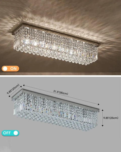 Rectangular Chandelier For Modern Dining Room And Kitchen Island, 6 Light Flush Mount With Luxury K9 Crystal Raindrop Crystals, Bright Contemporary Ceiling Fixture, Easy Assembly, Perfect For Living Room Or Bedroom, 31.5 Inch Long, lights on and off, showing dimensions.