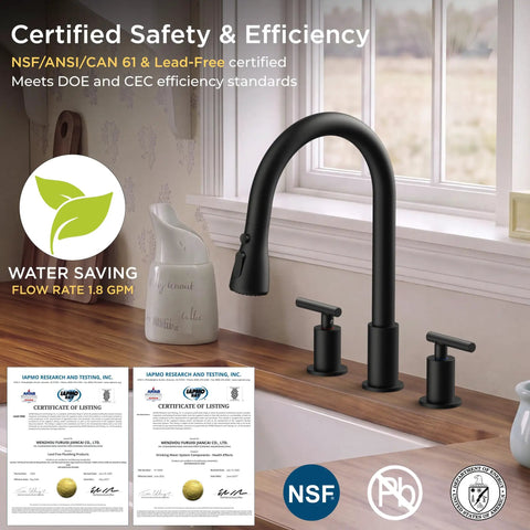 FORIOUS Black 2-Handle Kitchen Faucet, 3-Mode High Arc Pull Down Sprayer with lead-free certification in kitchen setting.