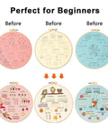 Beginner Embroidery And Cross Stitch Kit For Adults 3 Pack With Pre Printed Patterns Colorful Threads Needles 7.8 Inch Hoop Learn Stitches With Video Tutorial DIY Needlework Gift For Women showing design progression and finished patterns