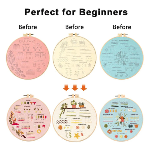 Beginner Embroidery And Cross Stitch Kit For Adults 3 Pack With Pre Printed Patterns Colorful Threads Needles 7.8 Inch Hoop Learn Stitches With Video Tutorial DIY Needlework Gift For Women showing design progression and finished patterns