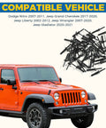 Hella Tough Heavy Duty Plastic Rivets Auto Body Repair 50 Pack solid black clips with Jeep vehicle compatibility displayed.