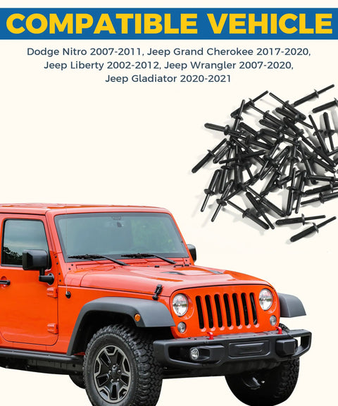 Hella Tough Heavy Duty Plastic Rivets Auto Body Repair 50 Pack solid black clips with Jeep vehicle compatibility displayed.
