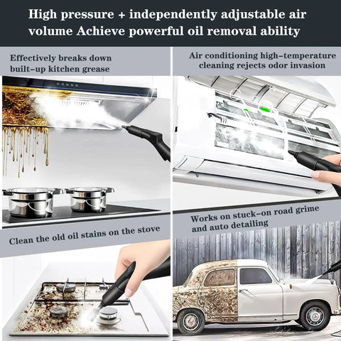 Real Deal Heavy Duty Steam Cleaner 3000W With 3.5L Tank fires vapor on greasy kitchen exhaust and stove, showcasing cleaning power.