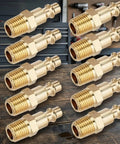 10 Piece Brass One Quarter Inch NPT Quick Connect Air Fittings Kit with M Style Couplers on workshop table