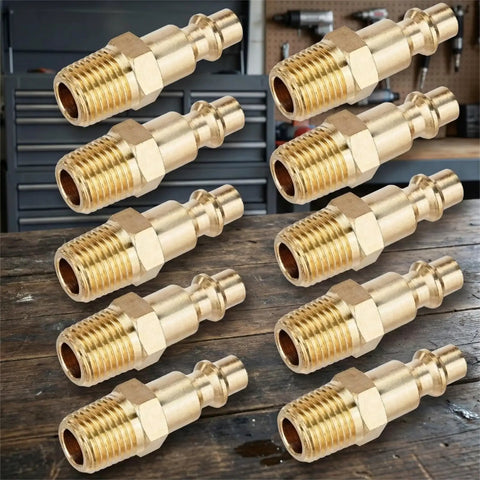 10 Piece Brass One Quarter Inch NPT Quick Connect Air Fittings Kit with M Style Couplers on workshop table
