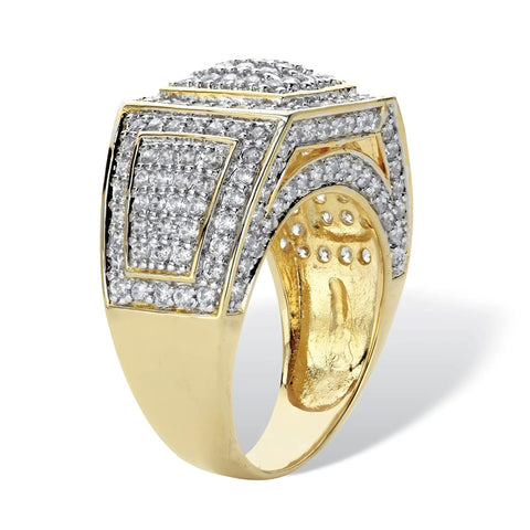 Mens 18k Yellow Gold Plated Round Pave Cubic Zirconia Ice Grid Style Ring Size 10 with 3.20 ctw of sparkling gems.