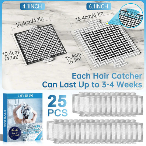 Disposable Shower Drain Hair Catcher Mesh Stickers 25 Pack Large 4.1 Inch Square Drain Covers shown with packaging.