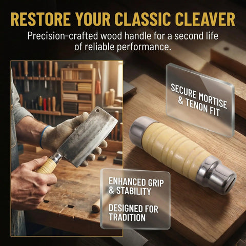 Replacement Knife Handle For Kitchen Knives, Non Slip Wood Grip Round Handle, shown on a cleaver and as a standalone part.