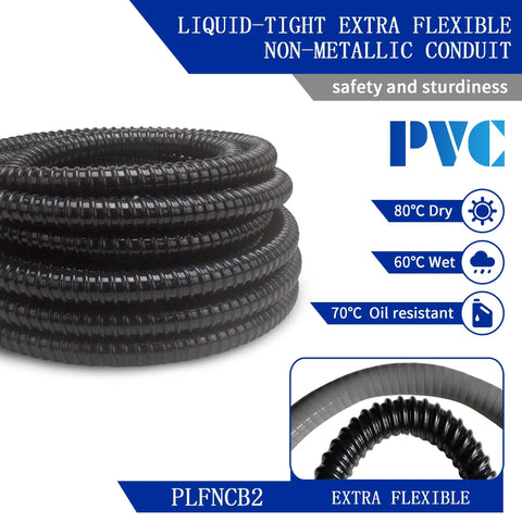 1/2 Inch Diameter 25 Foot Black Extra Flexible PVC Electrical Conduit Kit coil with Sealtight non-metallic flex features displayed.