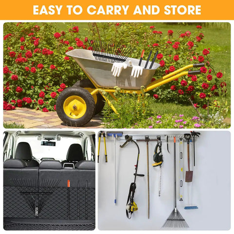 Heavy Duty Garden Leaf Rake With 22 Tines And 22.8 Inch Wide Head displayed in wheelbarrow and storage areas.