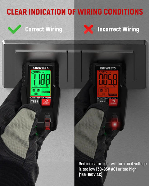 GFCI Outlet Tester With LCD Display And Auto Hold For 120V AC Home Outlets showing correct and incorrect wiring status