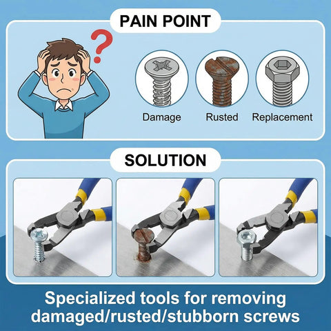 Multi Function Screw Cutter Pliers With Non Slip Serrated Jaws demonstrating extraction of stripped and rusted screws.