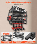 Power Tool Organizer Wall Mount Four Tier Storage Rack With Four Drill Holders And Screwdriver Holder For Garage Shop And Workshop Holds 50 Tools Or More In Easy Reach supporting 132 lbs displayed on wall
