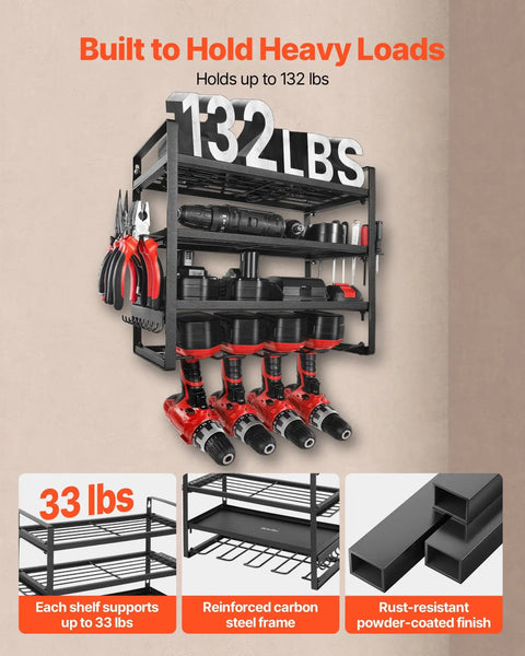 Power Tool Organizer Wall Mount Four Tier Storage Rack With Four Drill Holders And Screwdriver Holder For Garage Shop And Workshop Holds 50 Tools Or More In Easy Reach supporting 132 lbs displayed on wall