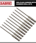 Sabre Tools SDS-Plus carbide-tipped rotary hammer drill bits, front view, 3/16 x 6 in, 10-pack for brick, stone, concrete