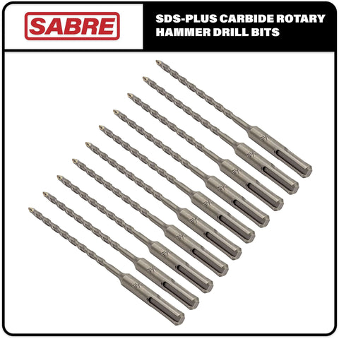 Sabre Tools SDS-Plus carbide-tipped rotary hammer drill bits, front view, 3/16 x 6 in, 10-pack for brick, stone, concrete