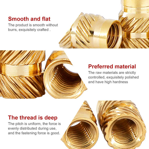 Close-up of One Fourth Threaded Brass Knurled Heat Set Inserts Kit, 30 Pack, showing smooth, polished grooves and deep threads.