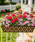 24 Inch Window Boxes Planters Two Pack With Adjustable Brackets For Porch Fence Patio Balcony Railing Planter Boxes With Coco Liners Hanging Flower Baskets Outdoor Garden Decor In Black installed on a railing with red and pink flowers outdoors