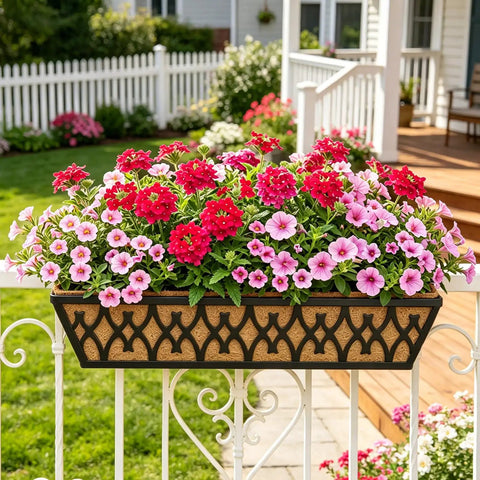 24 Inch Window Boxes Planters Two Pack With Adjustable Brackets For Porch Fence Patio Balcony Railing Planter Boxes With Coco Liners Hanging Flower Baskets Outdoor Garden Decor In Black installed on a railing with red and pink flowers outdoors