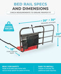 Killer Grip Premium Adjustable Bed Rail For Seniors Featuring No Fuss Setup And Smart Storage Pocket Astm Approved Fall Prevention Safety Guard Railing Black Assist Bar with dimensions and weight capacity.