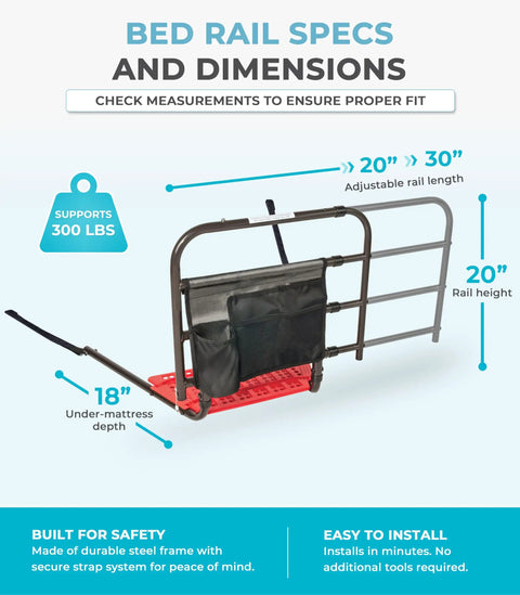 Killer Grip Premium Adjustable Bed Rail For Seniors Featuring No Fuss Setup And Smart Storage Pocket Astm Approved Fall Prevention Safety Guard Railing Black Assist Bar with dimensions and weight capacity.