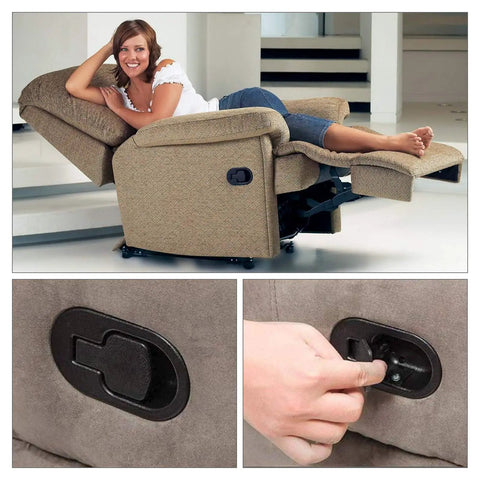 Heavy Duty Recliner Handle And Pull Cable Kit For Repairing Worn Out Sofas And Sectionals With No Sweat Setup And Sweet Smooth Glide that showcases a woman relaxing in a recliner.