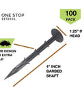 Heavy Duty 4 Inch Landscape Spikes For Weed Fabric Tarps And Erosion Control Durable Plastic Stakes Pack Of 100 shown with dimensions and barb design