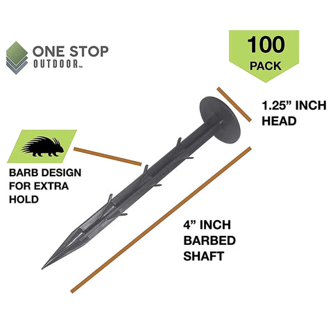 Heavy Duty 4 Inch Landscape Spikes For Weed Fabric Tarps And Erosion Control Durable Plastic Stakes Pack Of 100 shown with dimensions and barb design