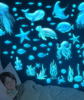 Glow In The Dark Ocean Wall Decals Set With Sea Life Stickers Waterproof Peel And Stick For Boys Kids Bathroom Decor Under The Sea Watercolor Ocean Creatures Upgrade, glowing luminous creatures in a child's room