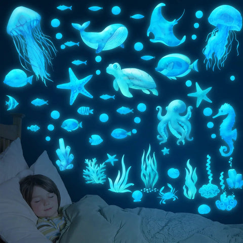 Glow In The Dark Ocean Wall Decals Set With Sea Life Stickers Waterproof Peel And Stick For Boys Kids Bathroom Decor Under The Sea Watercolor Ocean Creatures Upgrade, glowing luminous creatures in a child's room