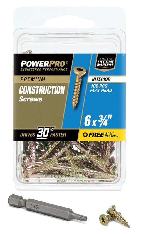 Interior Construction Screws Size 6 By Three Quarters Inch 100 Count Fast Install No Pre Drill Sharp Point packaging with star drive bit
