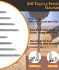288 Piece Wood And Sheet Metal Screws Kit With Phillips Drive Pan And Flat Head Assortment Marine Grade Carbon Steel Includes Sizes Four To Ten In Three Eighths Inch To Two Inches Lengths For Indoor And Outdoor Projects showing self-tapping screws and pan, flat head details.