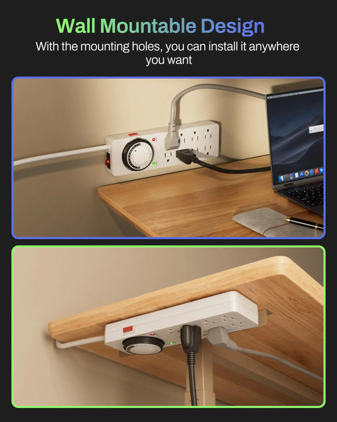 8 Outlet Surge Protector With Mechanical Timer And 4 Timed And 4 Always On Outlets, ETL Listed, mounted on a wooden desk.