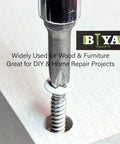 Self Tapping Wood Screws Set 120 Pieces No 8 White Flat Head Assortment For Wood Cabinets And Furniture being drilled in wood