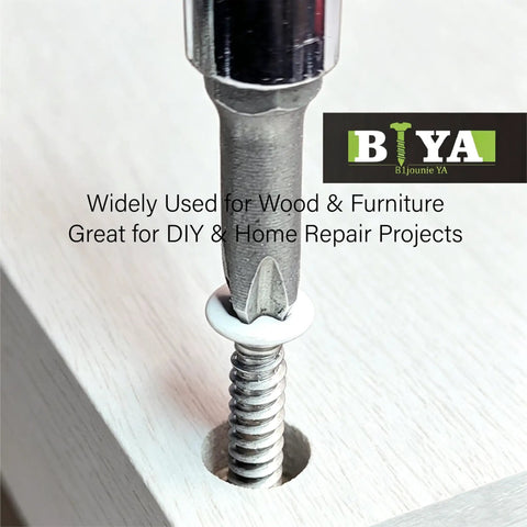 Self Tapping Wood Screws Set 120 Pieces No 8 White Flat Head Assortment For Wood Cabinets And Furniture being drilled in wood