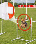 Dog jumping through hoop from 6 Pack Dog Agility Jumps With Carry Bag, Adjustable Height Dog Jump Bars for Indoor and Outdoor Training.