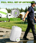No Sweat 12 Gallon Heavy Duty Portable Hand Washing Station with Reliable Manual Pump and Drain Hose on wheels for easy transport.