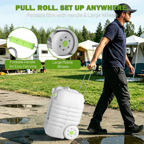 No Sweat 12 Gallon Heavy Duty Portable Hand Washing Station with Reliable Manual Pump and Drain Hose on wheels for easy transport.