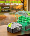 Cordless Leaf Blower 650 CFM With Dual 4.0Ah Batteries And Charger, image of battery on table with green digital display