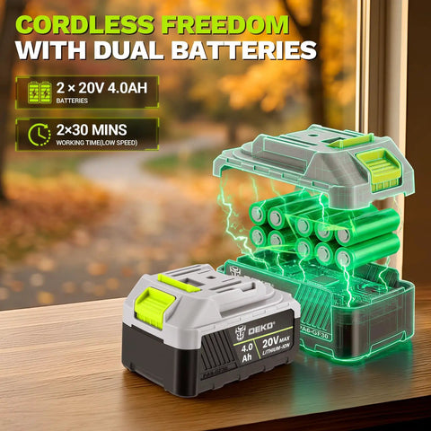 Cordless Leaf Blower 650 CFM With Dual 4.0Ah Batteries And Charger, image of battery on table with green digital display
