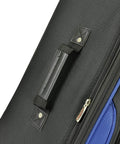 Luggage: U.S. Traveler New Yorker expandable rolling luggage, blue interior visible; close-up of handle and zipper.