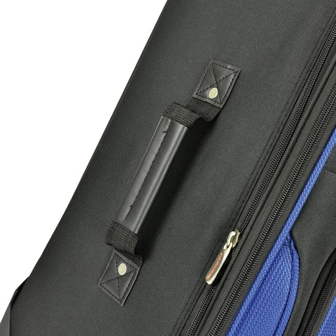 Luggage: U.S. Traveler New Yorker expandable rolling luggage, blue interior visible; close-up of handle and zipper.