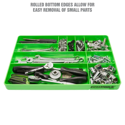 Green tray with 10 compartments holding assorted tools and bolts, Durable 10 Compartment Tool Box Organizer Tray For Parts Bolts And Small Tools