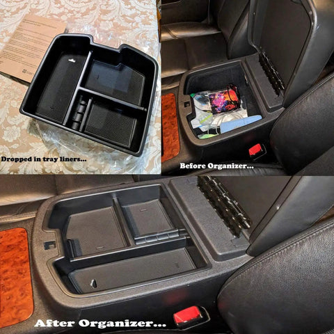 Center Front Floor Console For 2007 To 2014 Chevy Silverado Tahoe Suburban Avalanche Sierra Yukon 1500 2500 3500 Denali XL Full Size Pickup Trucks Replacement Part For Easy Install showing organizer installation process.
