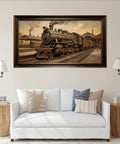 Dope 3D Large Wall Art of Retro Steam Locomotive Station Scene Vintage Industrial Railway Painting on Matte Fabric above sofa
