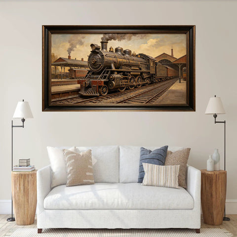 Dope 3D Large Wall Art of Retro Steam Locomotive Station Scene Vintage Industrial Railway Painting on Matte Fabric above sofa