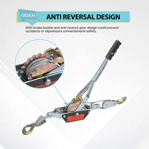 4 Ton Dual Gear Come Along Power Puller With Two Hooks And Steel Cable for heavy duty lifting, highlighting anti-reversal design