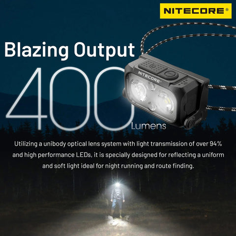 The NU25 UL Ultra Light Headlamp With Dual Beam USB C Rechargeable 400 Lumen Output Lightweight Night Hiking Headlight For Runners And Workers Go To Everyday Carry Compact Weatherproof Design With Tag showing 400 lumens and outdoor use.