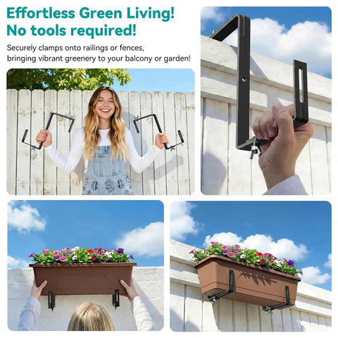 Adjustable Planter Box Brackets With Enhanced Bottom Support For Outdoor Hanging Gardens on white fence with planter.
